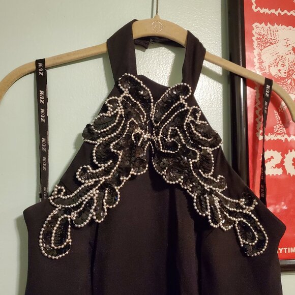 Vintage 80s Formal Black Sequin Halter Neck Side Slit Maxi Dress Goth Retro Glam - Picture 11 of 12